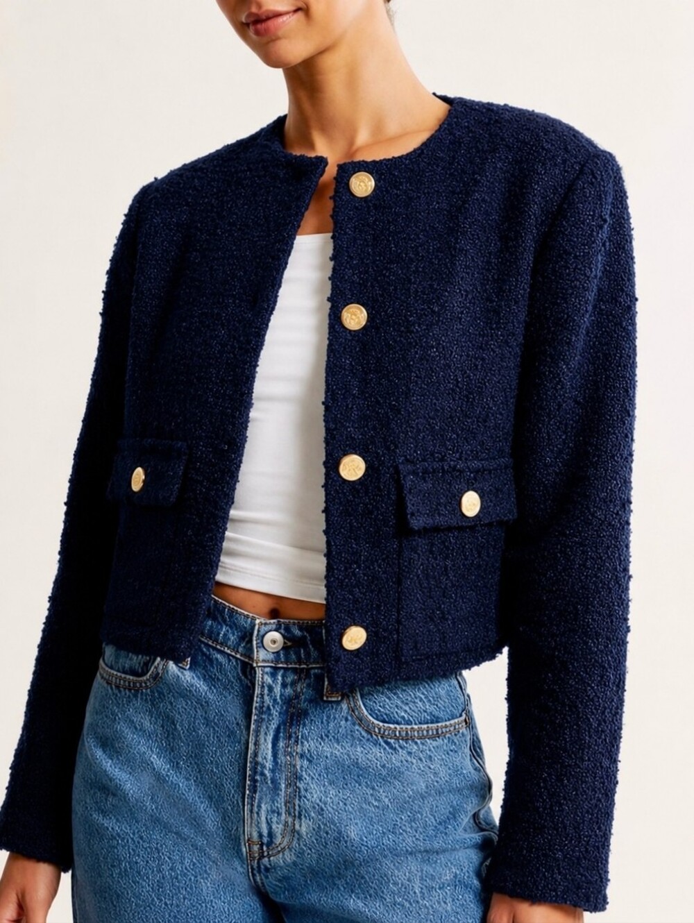 Abercrombie & Fitch Navy Tweed Crop Boucle Blazer Gold Buttons Jacket NWT S